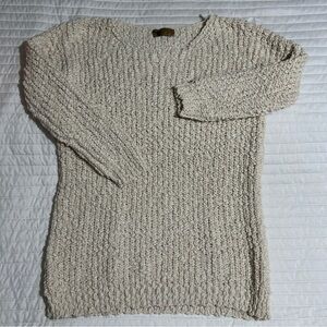 Katsumi Women’s Sweater Beige Popcorn Knit Long Sleeve Round Neck Gold Threads M